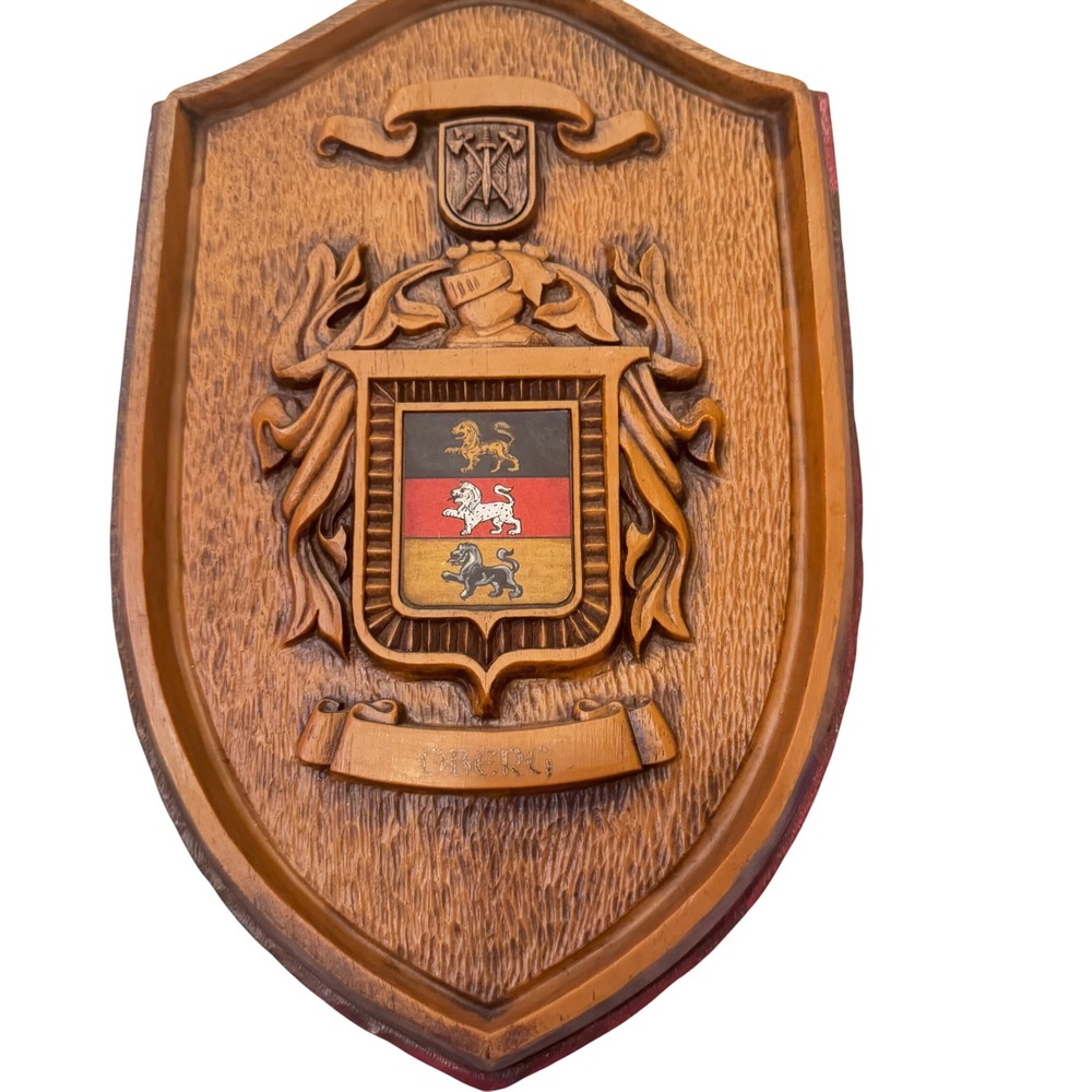 Vintage Wood-Look Oberg Family Crest Coat of Arms Wall Plaque Shield 15x9"